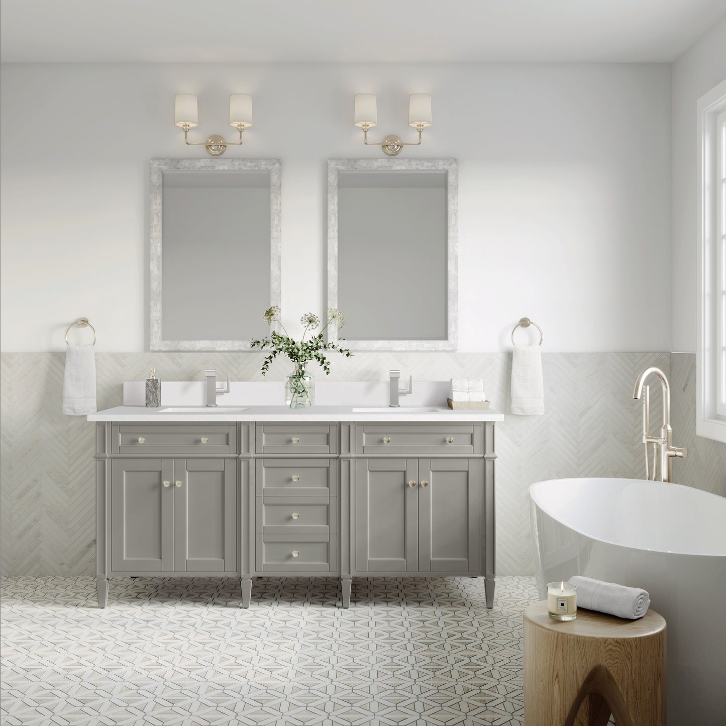Renovate for Less Atlanta Brittany 72" Double Vanity, Urban Gray w/ Single Hole 3 CM White Zeus Silestone Top & Backsplash