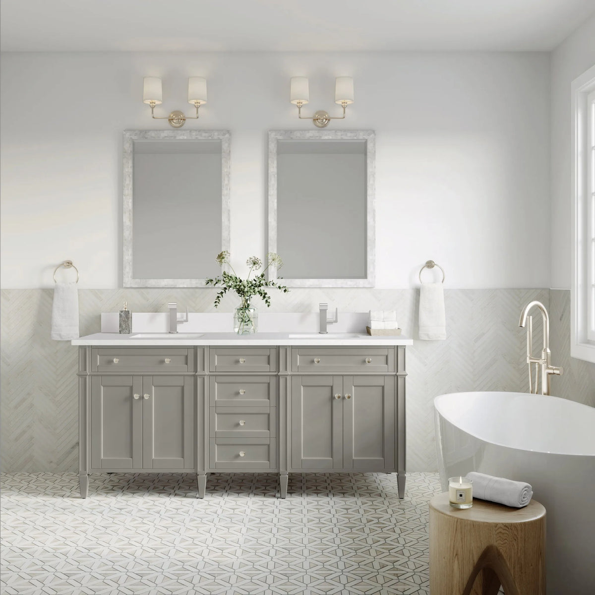 Brittany 72" Double Vanity, Urban Gray w/ Single Hole 3 CM White Zeus Silestone Top & Backsplash