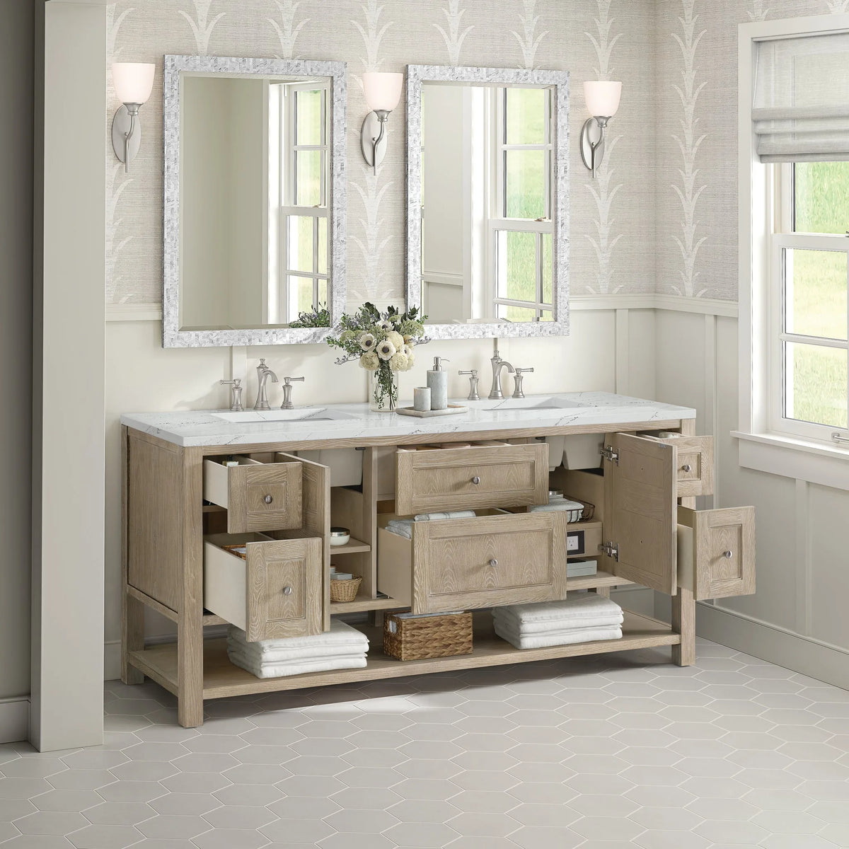 Breckenridge 72" Double Vanity, Whitewashed Oak w/ 3 CM Ethereal Noctis Silestone Top