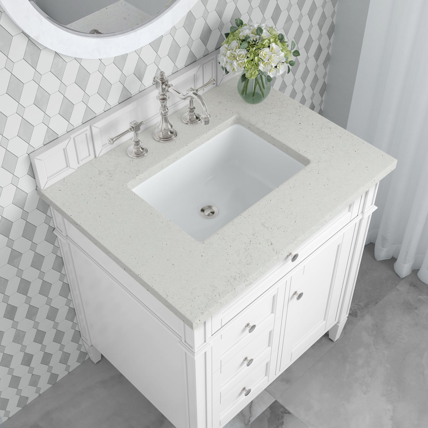 Renovate for Less Atlanta Brittany 30" Single Vanity, Bright White, w/ 3 CM Lime Delight Silestone Top