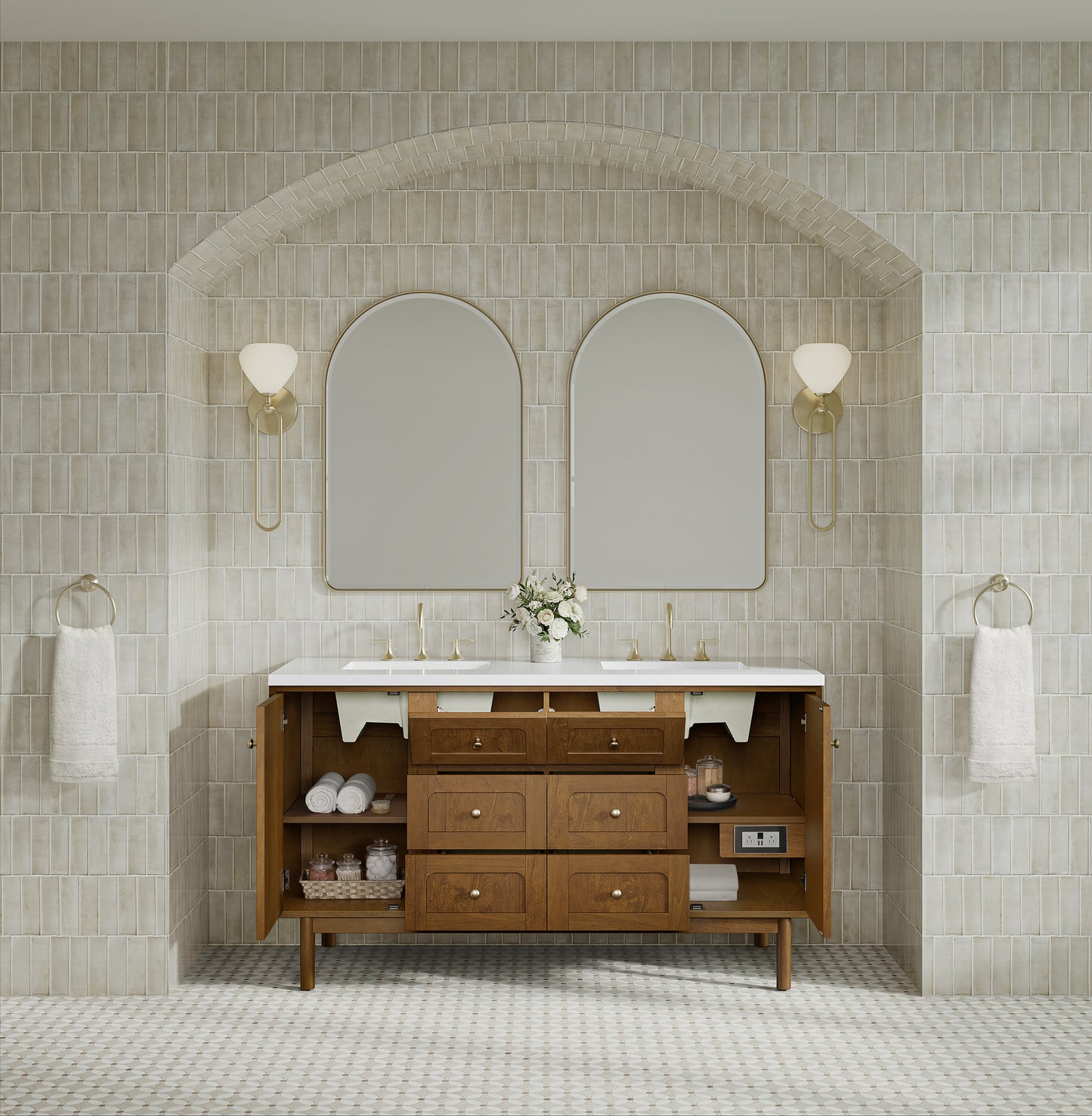 Renovate for Less Atlanta Laurent 60" Double Vanity, Honey Oak w/ 3 CM White Zeus Silestone Top