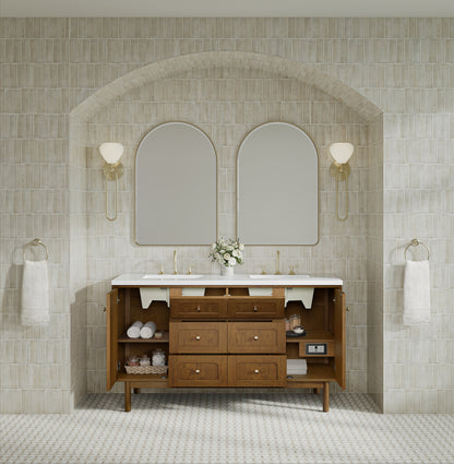 Renovate for Less Atlanta Laurent 60" Double Vanity, Honey Oak w/ 3 CM White Zeus Silestone Top