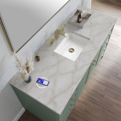 Renovate for Less Atlanta Chicago 60" Single Vanity, Smokey Celadon, w/ 3 CM Victorian Silver Silestone Top w/ FreePower Wireless Charger