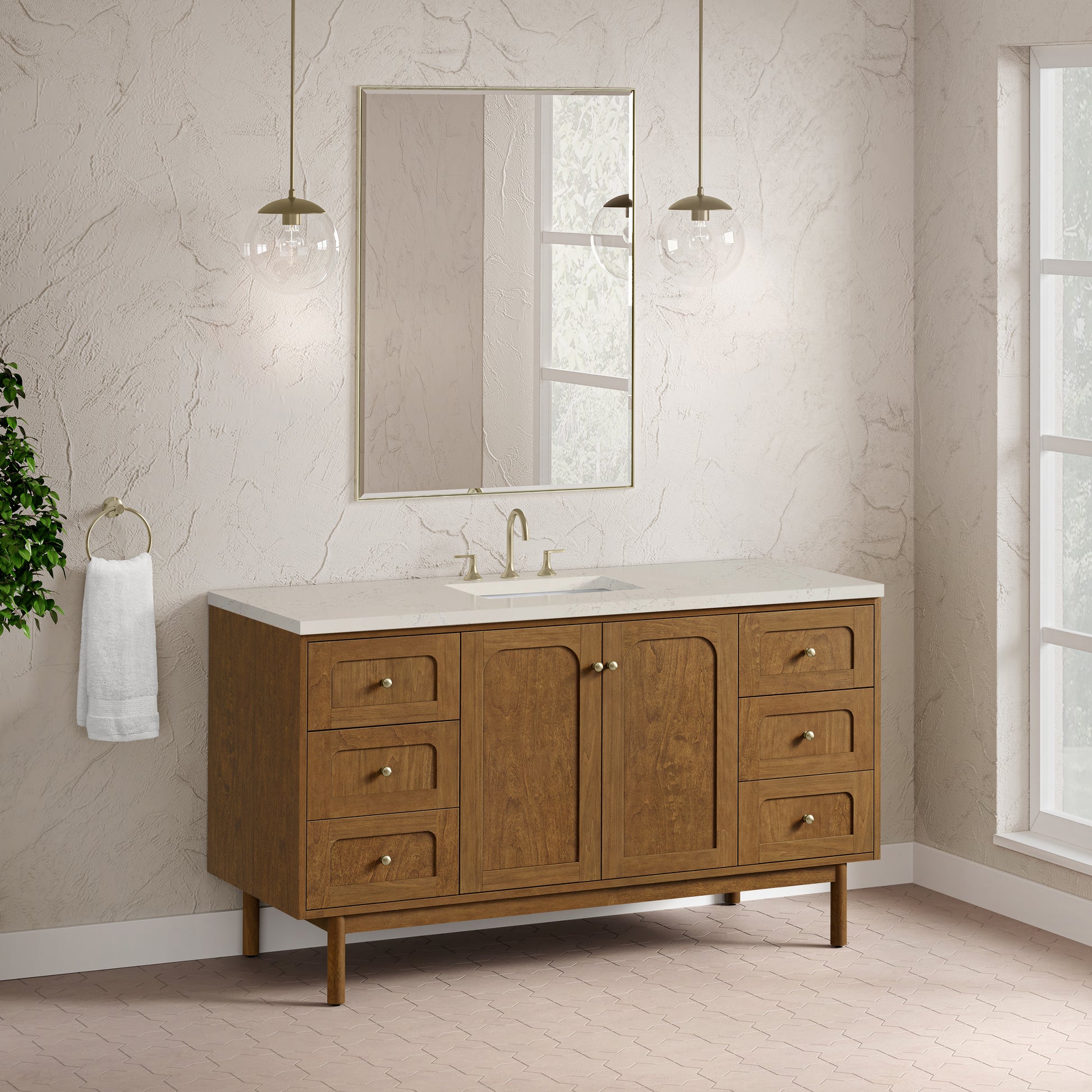 Renovate for Less Atlanta Laurent 60" Single Vanity, Honey Oak w/ 3 CM Siberian Silestone Top w/FreePower Wireless Charger