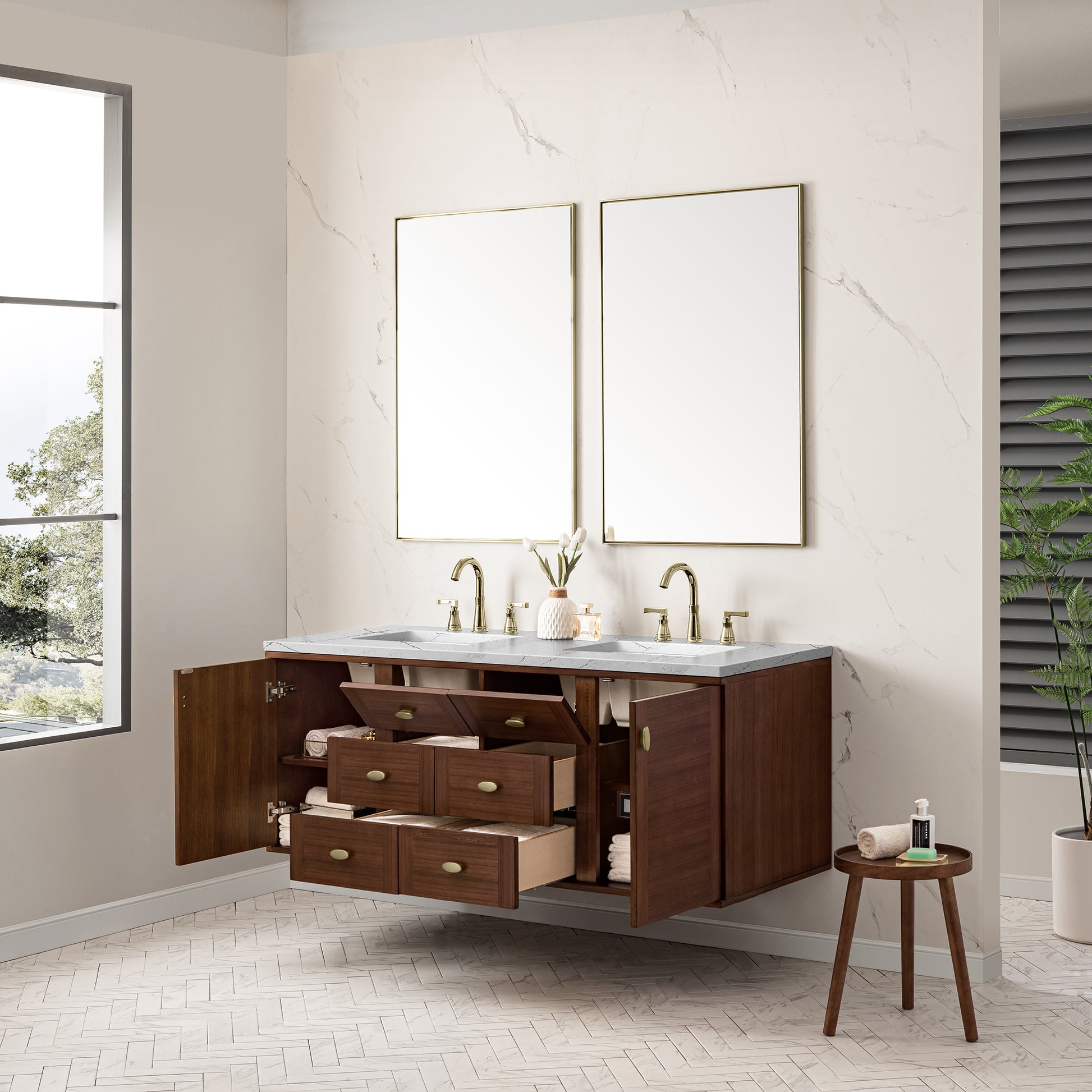 Renovate for Less Atlanta Amberly 60" Double Vanity, Mid-Century Walnut w/ 3 CM Ethereal Noctis Top
