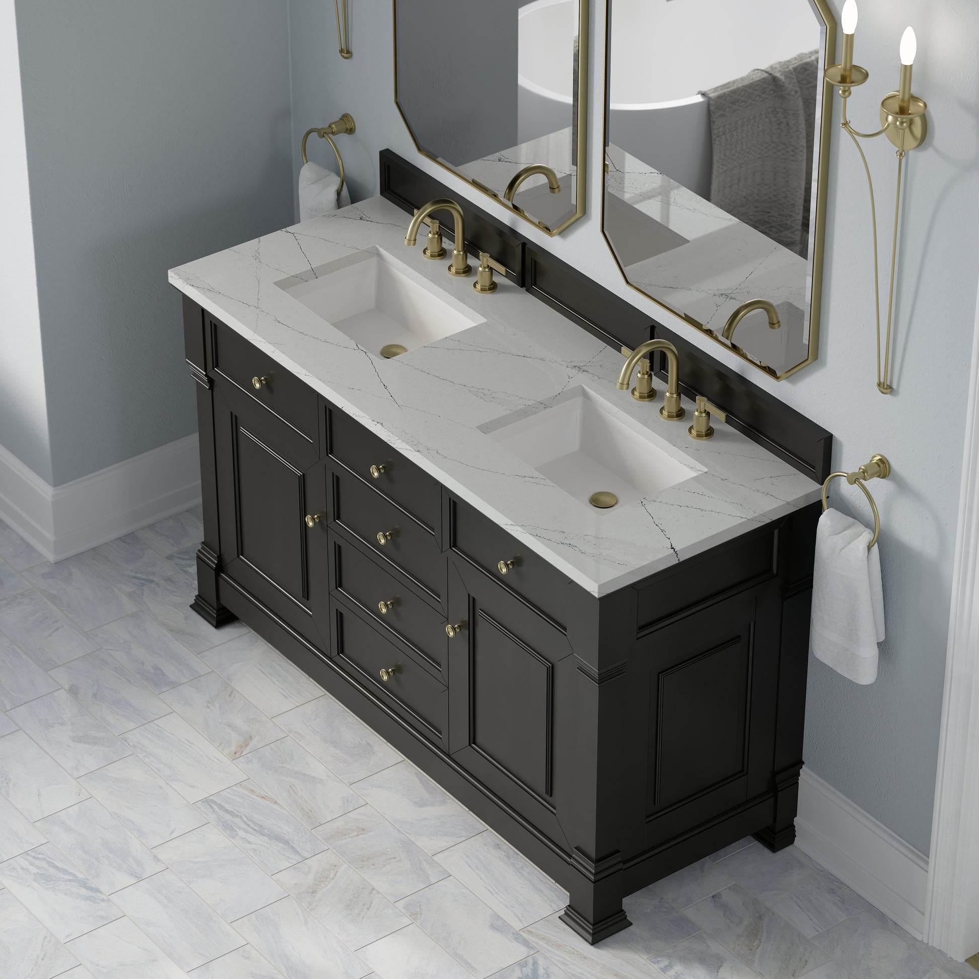 Renovate for Less Atlanta Brookfield 60" Double Vanity, Black Onyx w/ 3 CM Ethereal Noctis Silestone Top w/FreePower Wireless Charger
