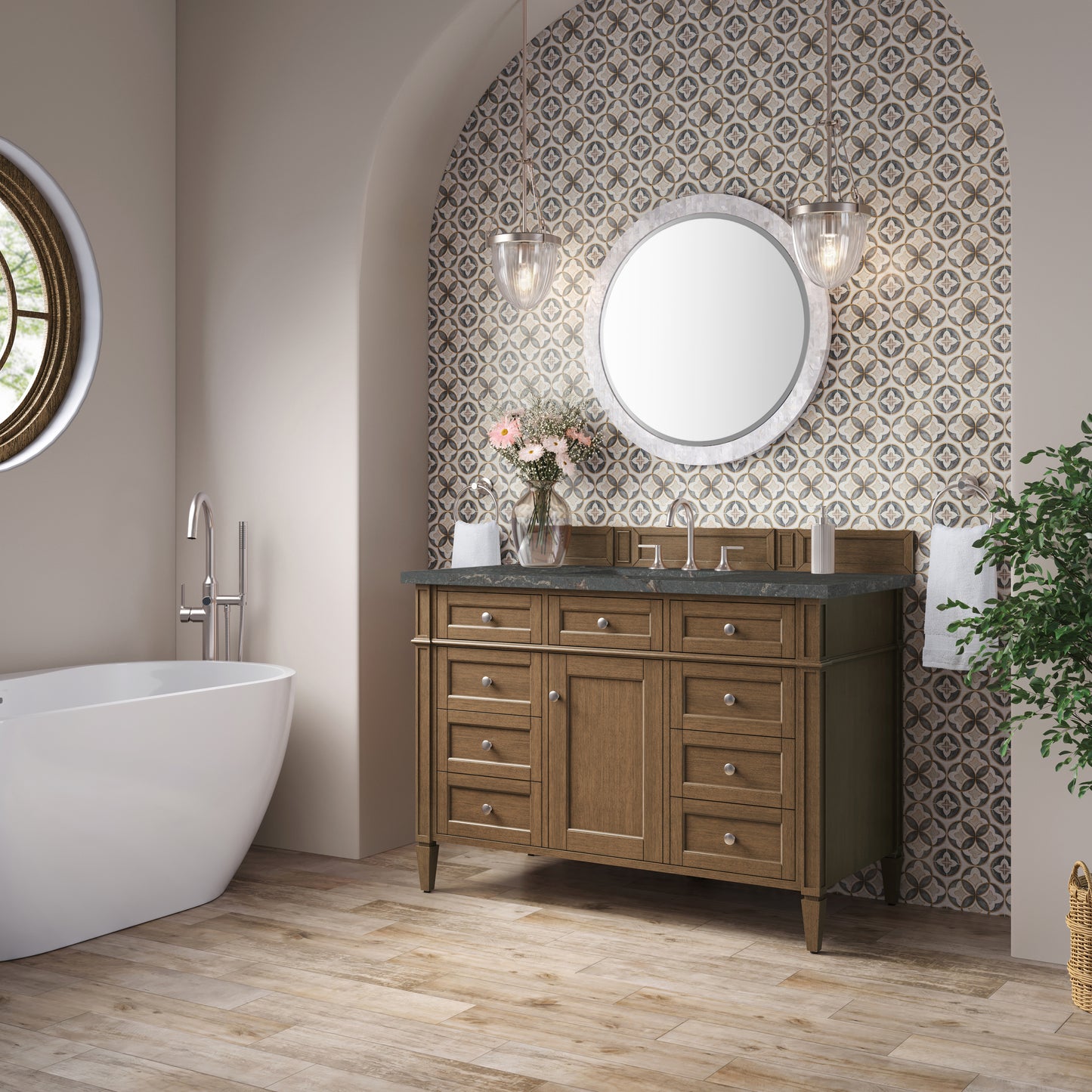 Renovate for Less Atlanta Brittany 48" Single Vanity, Saddle Brown w/ 3 CM Parisien Bleu Silestone Top