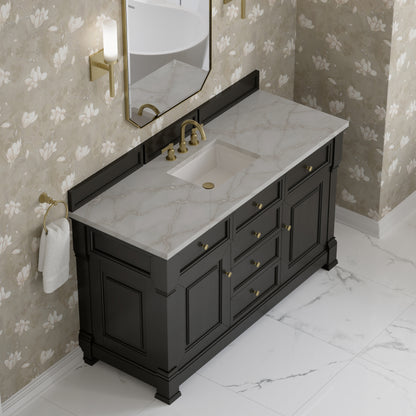 Renovate for Less Atlanta Brookfield 60" Single Vanity, Black Onyx w/ 3 CM Victorian Silver Silestone Top w/ FreePower Wireless Charger