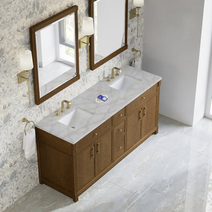 Renovate for Less Atlanta Bellshire 72" Double Vanity, Honey Oak w/ 3 CM Victorian Silver Silestone Top w/FreePower Wireless Charger