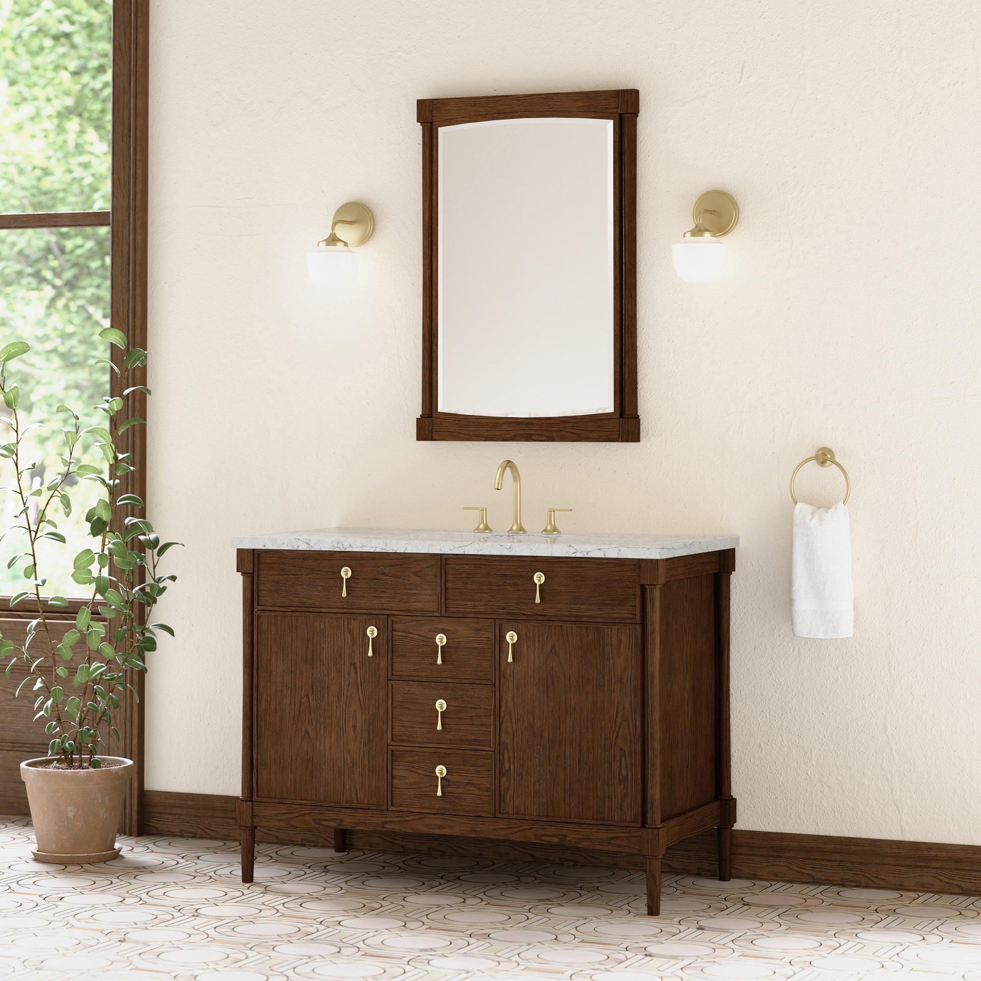 Renovate for Less Atlanta Kinnsden 48" Single Vanity, Sable Oak w/ 3 CM Eternal Jasmine Pearl Silestone Top