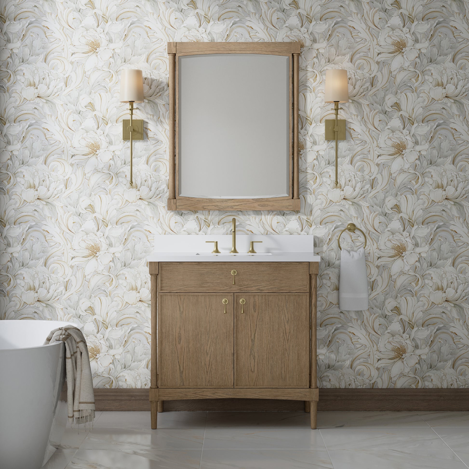 Renovate for Less Atlanta Kinnsden 36" Single Vanity, Weathered Oak w/ 3 CM White Zeus Silestone Top