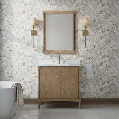 Renovate for Less Atlanta Kinnsden 36" Single Vanity, Weathered Oak w/ 3 CM White Zeus Silestone Top