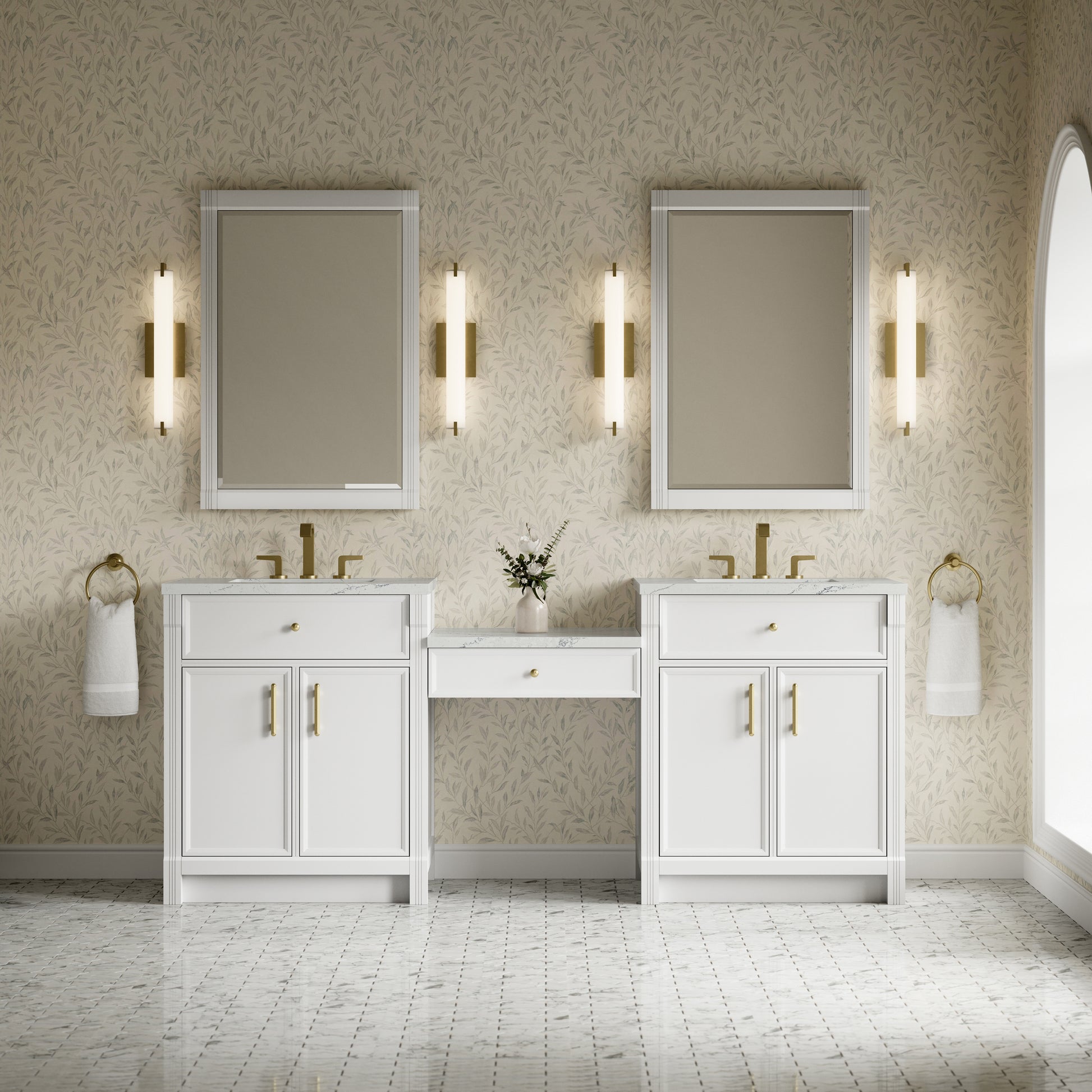 Renovate for Less Atlanta Bellshire 84" Dual Vanity Set with 24" Make-Up Counter, Bright White w/3 cm Ethereal Noctis Silestone Top