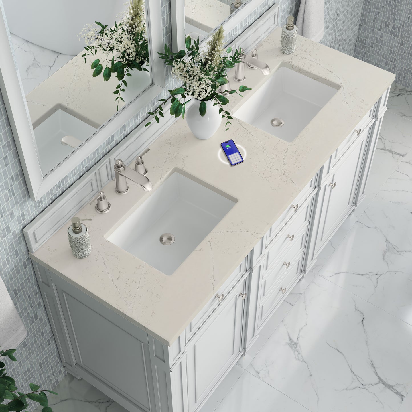 Renovate for Less Atlanta Bristol 60" Double Vanity, Bright White, w/ 3 CM Siberian Silestone Top w/FreePower Wireless Charger
