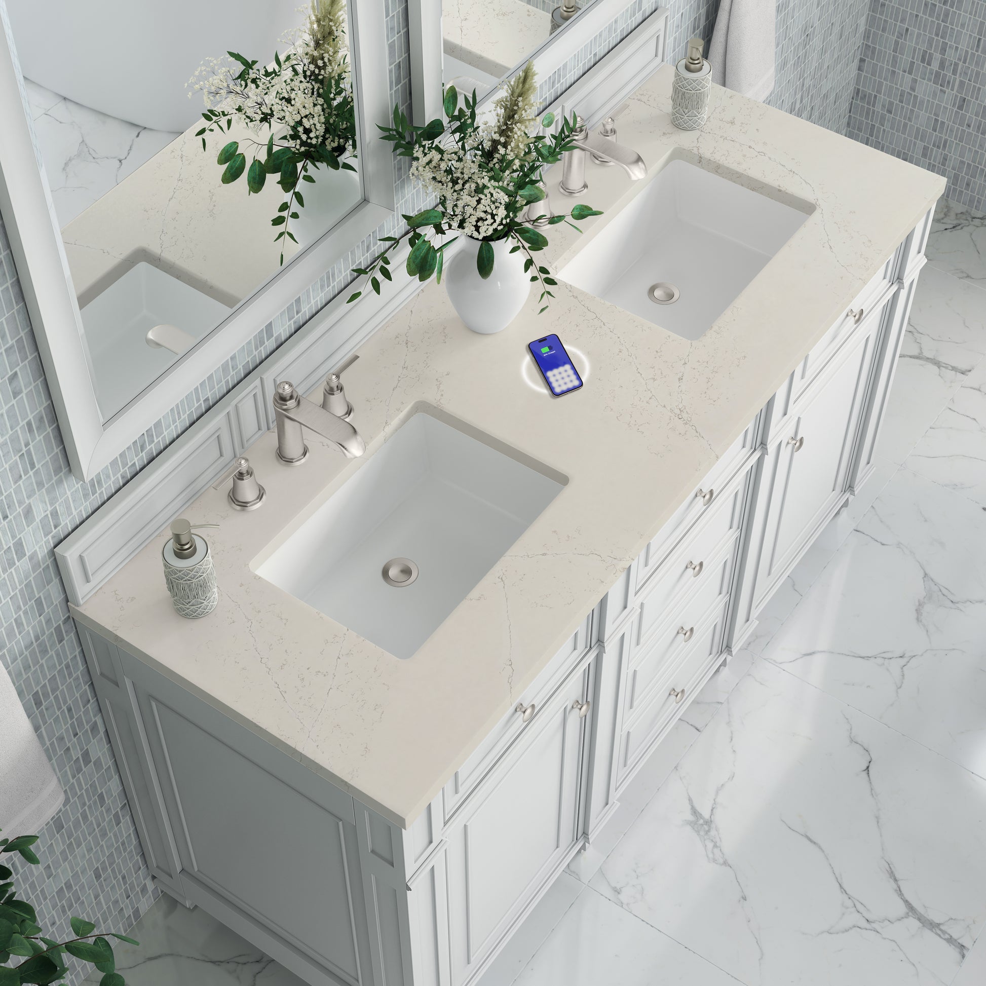 Renovate for Less Atlanta Bristol 60" Double Vanity, Bright White, w/ 3 CM Siberian Silestone Top w/FreePower Wireless Charger