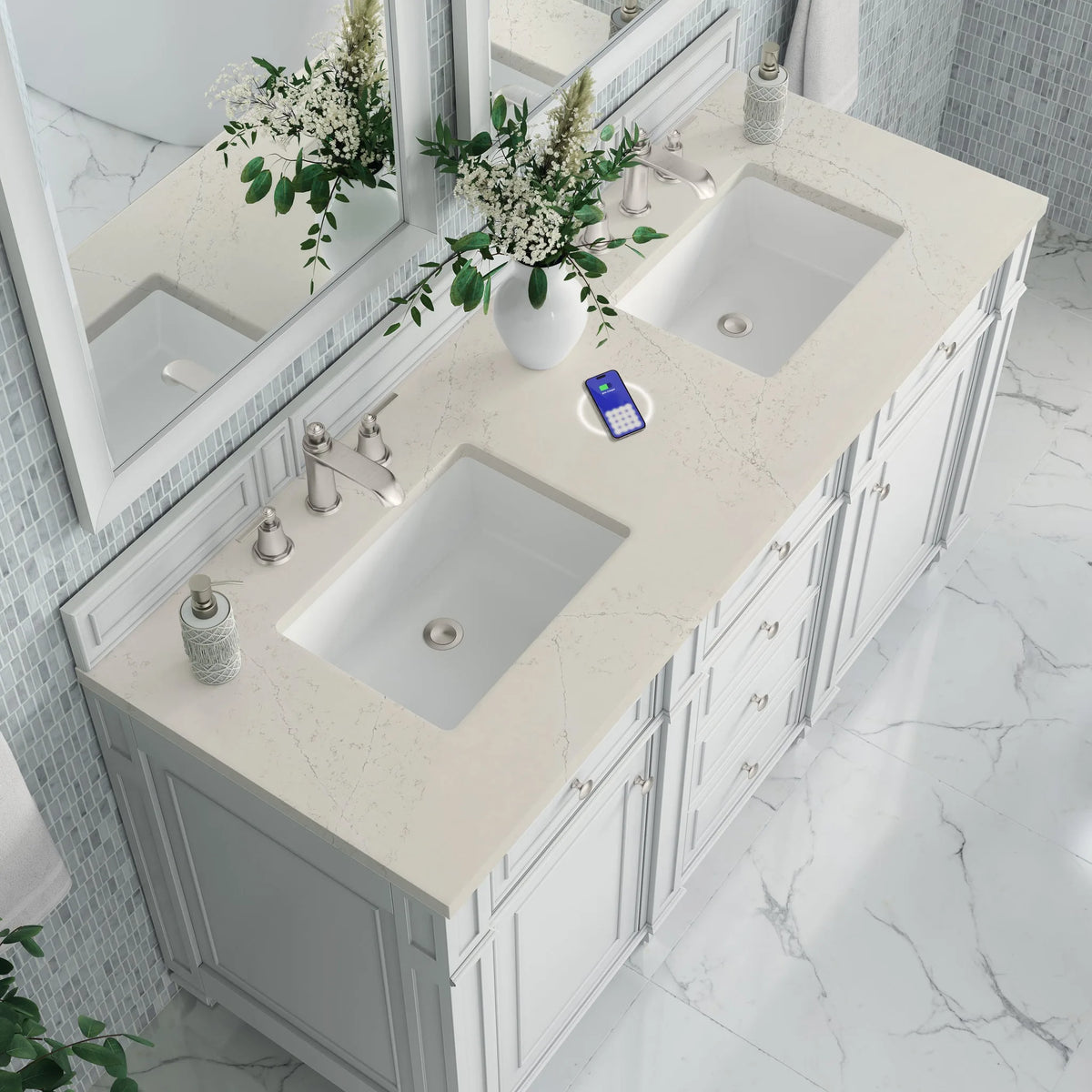 Bristol 60" Double Vanity, Bright White, w/ 3 CM Siberian Silestone Top w/FreePower Wireless Charger