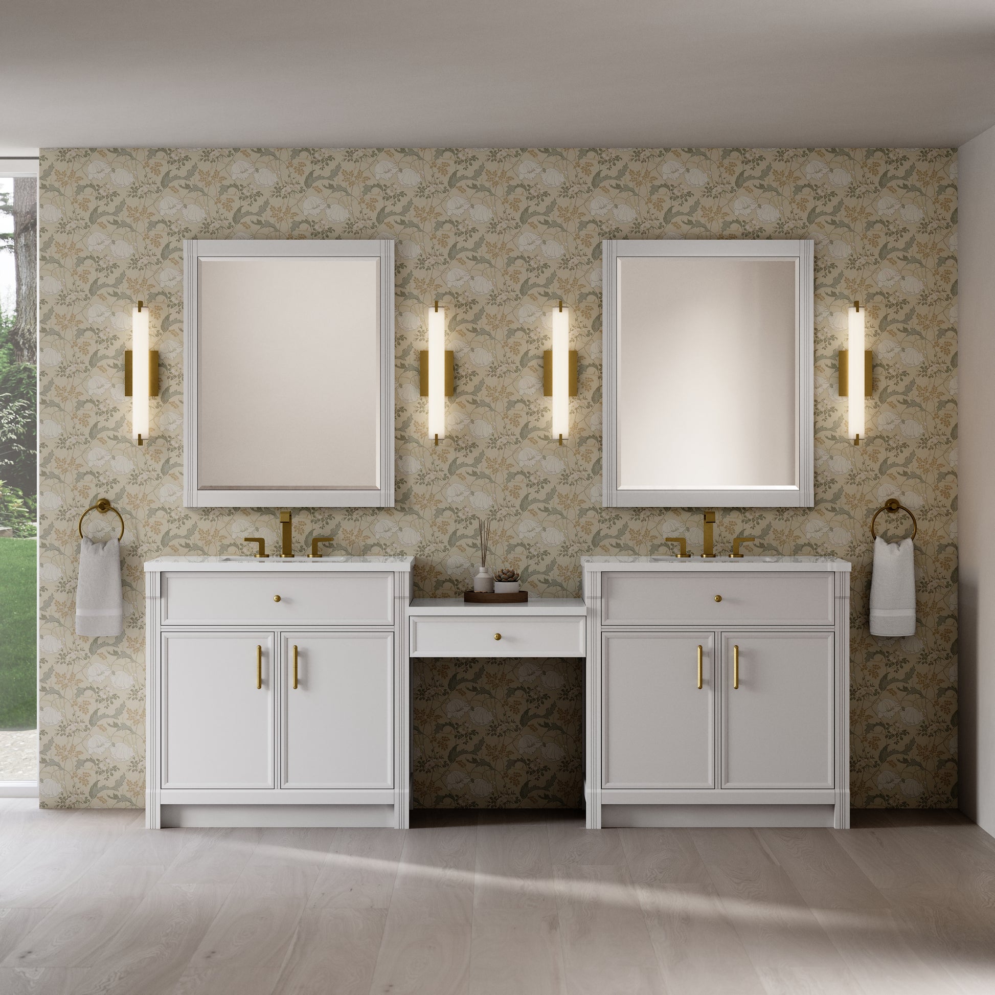Renovate for Less Atlanta Bellshire 96" Dual Vanity Set with 24" Make-Up Counter, Bright White w/3 cm White Zeus Silestone Top
