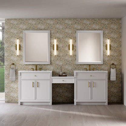 Renovate for Less Atlanta Bellshire 96" Dual Vanity Set with 24" Make-Up Counter, Bright White w/3 cm White Zeus Silestone Top