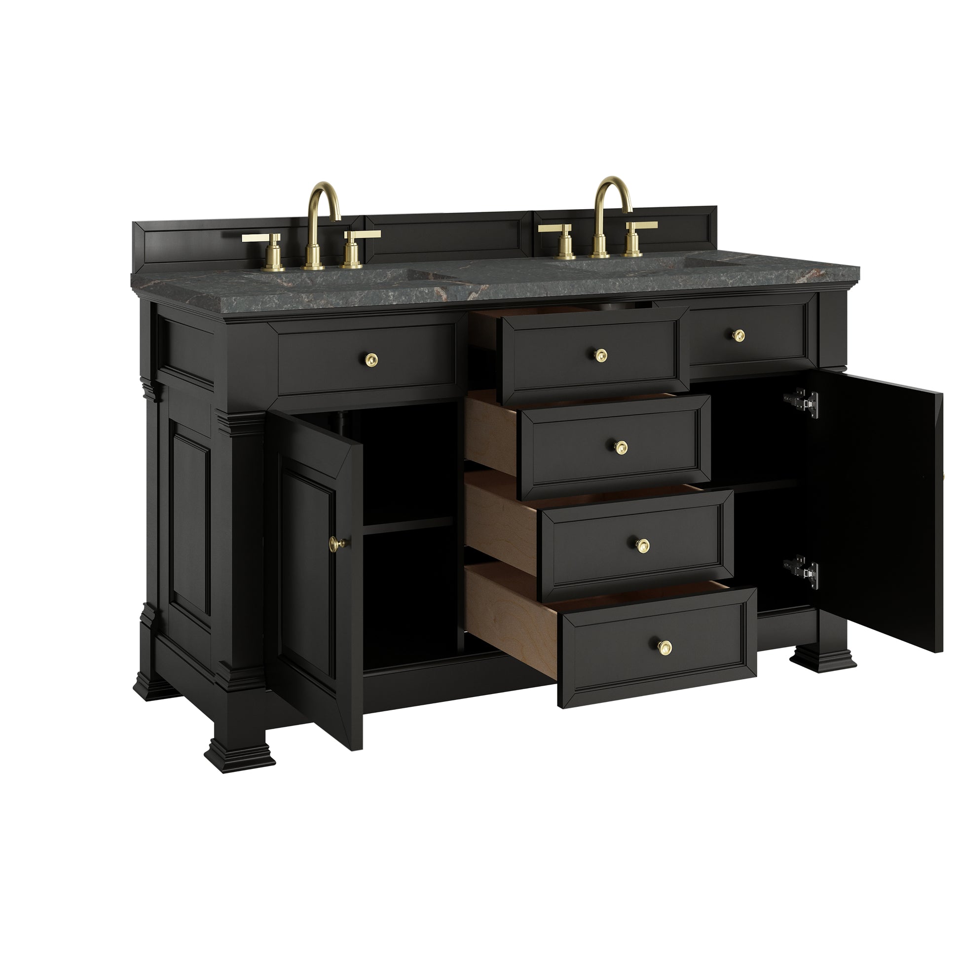 Renovate for Less Atlanta Brookfield 60" Double Vanity, Black Onyx w/ 3 CM Parisien Bleu Silestone Top w/FreePower Wireless Charger