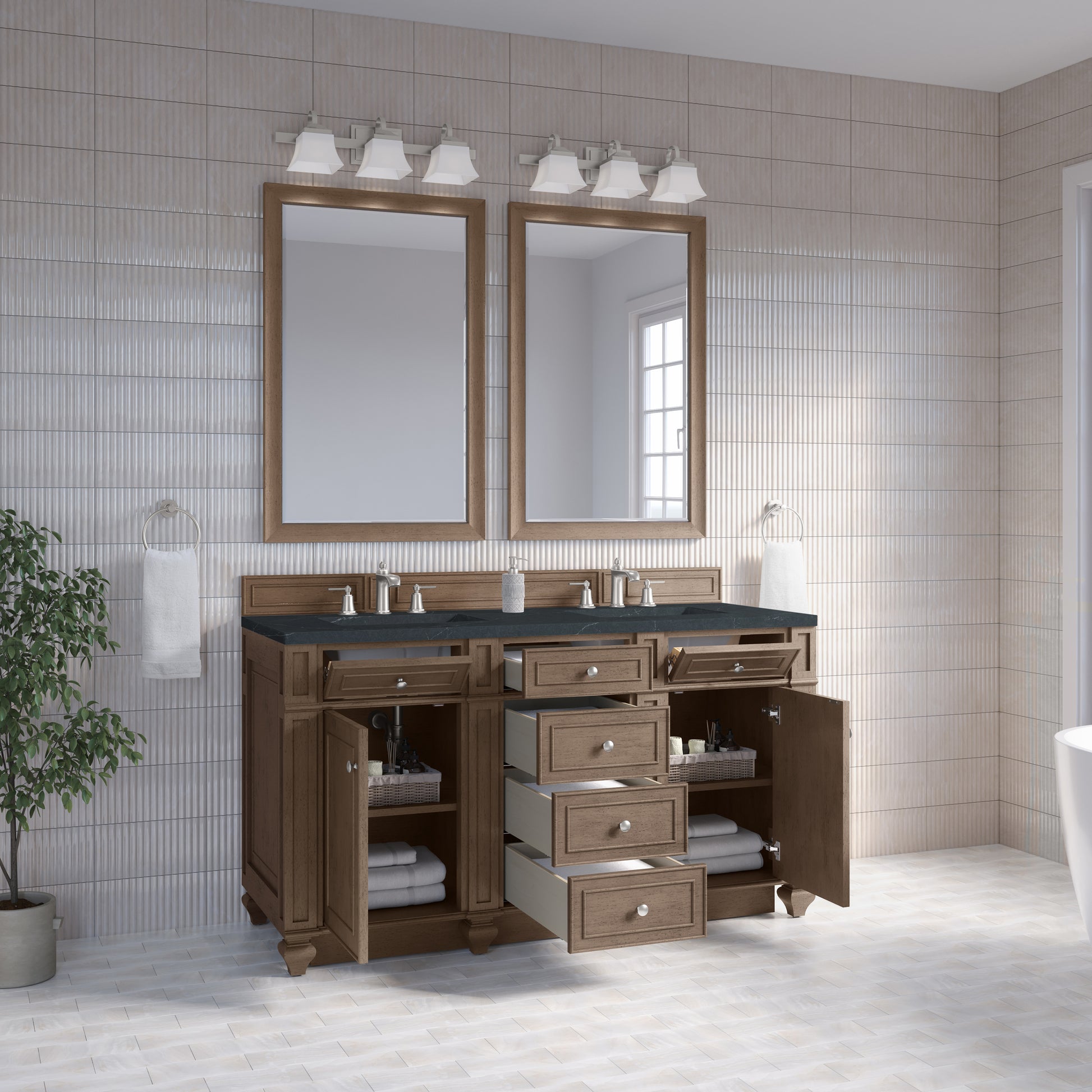 Renovate for Less Atlanta Bristol 60" Double Vanity, Whitewashed Walnut w/ 3 CM Charcoal Soapstone Silestone Top