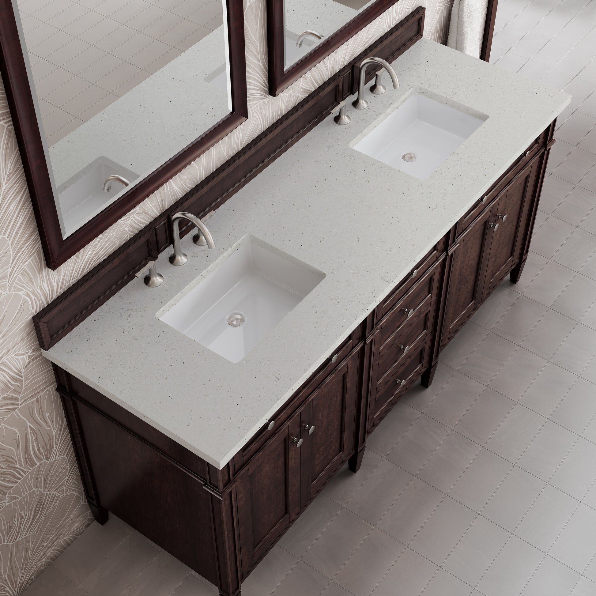 Renovate for Less Atlanta Brittany 72" Double Vanity, Burnished Mahogany w/ 3 CM Lime Delight Silestone Top
