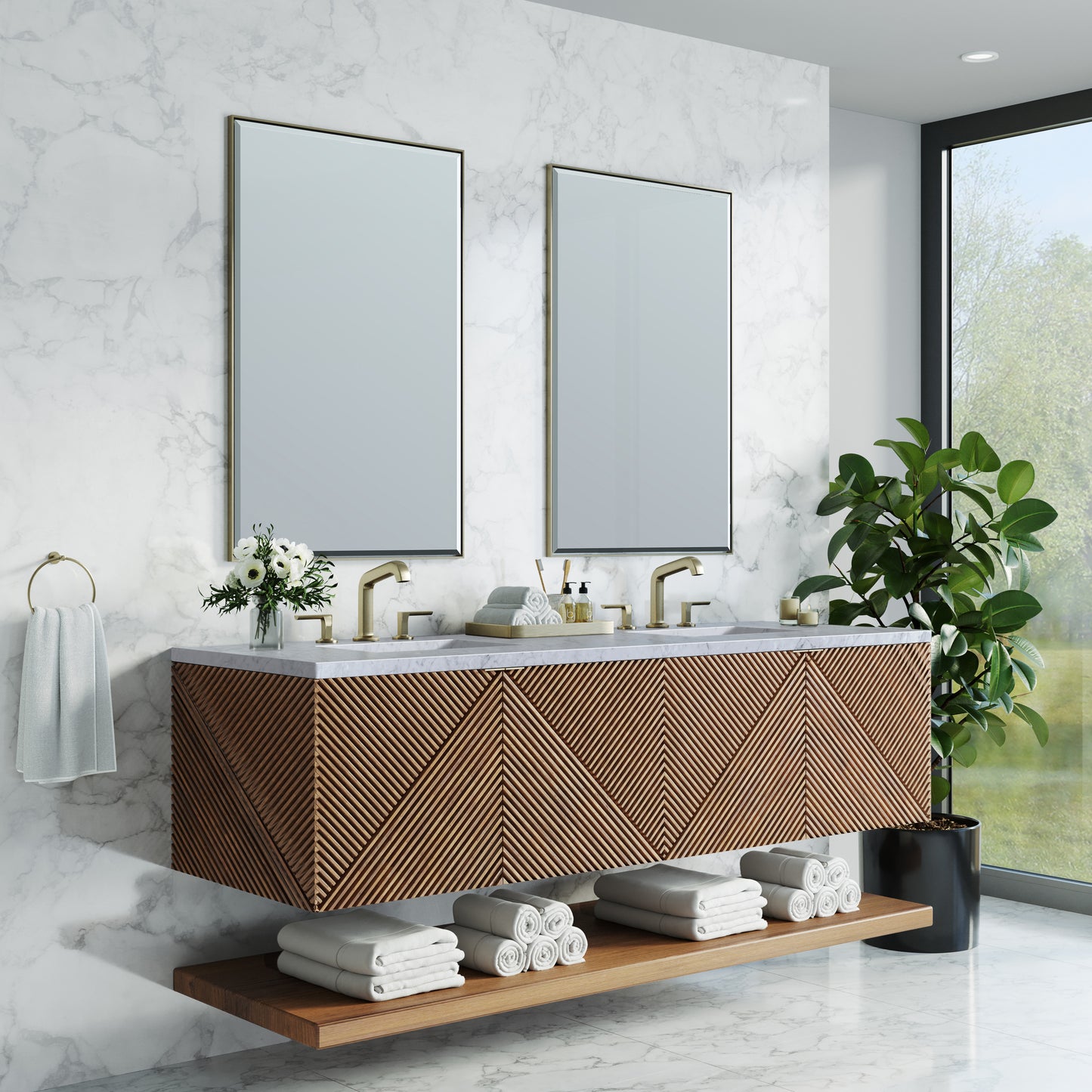 Renovate for Less Atlanta Marcello 72" Double Vanity, Chestnut w/ 3 CM Carrara Marble Top