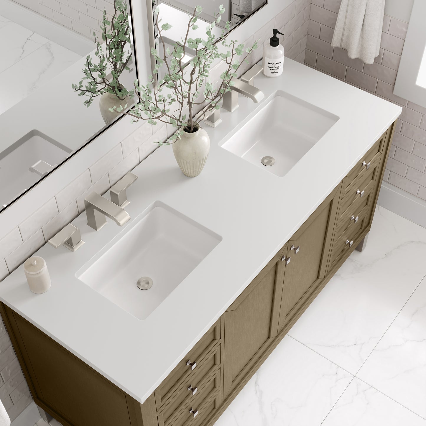 Renovate for Less Atlanta Chicago 60" Double Vanity, Walnut Whisper, w/ 3 CM White Zeus Silestone® Top