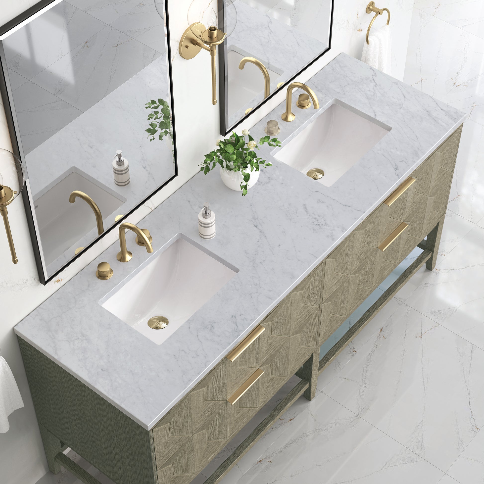 Renovate for Less Atlanta Emmeline 72" Double Vanity, Pebble Oak w/ 3 CM Carrara Marble Top