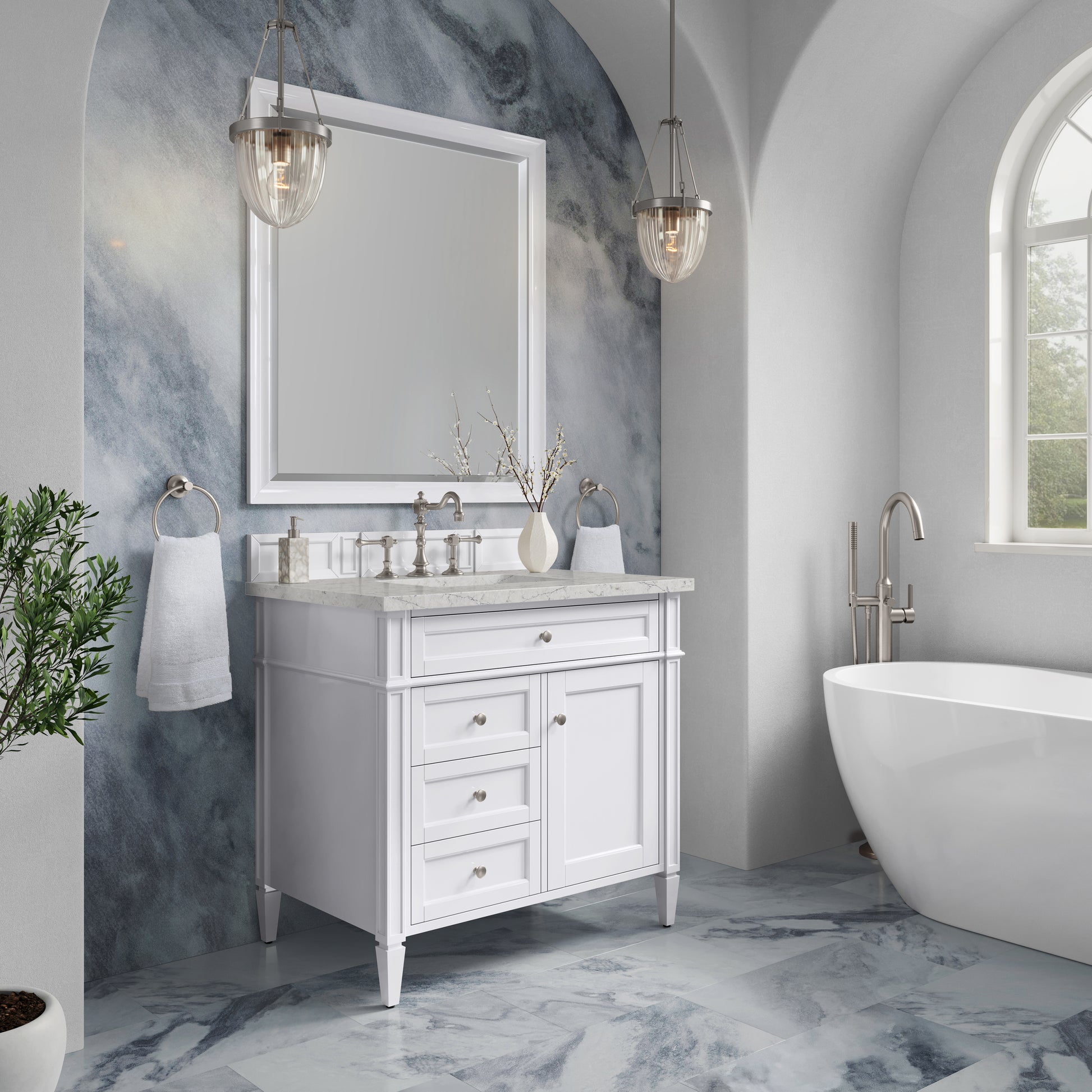 Renovate for Less Atlanta Brittany 36" Single Vanity, Bright White w/ 3 CM Eternal Jasmine Pearl Silestone Top