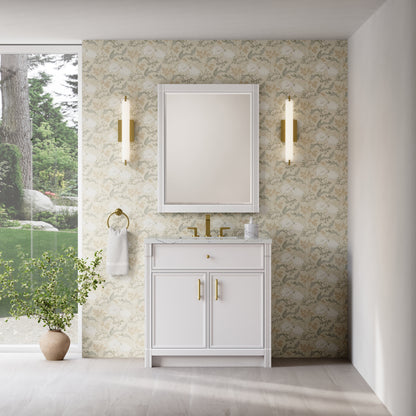 Renovate for Less Atlanta Bellshire 36" Single Vanity, Bright White w/ 3 CM Ethereal Noctis Silestone Top