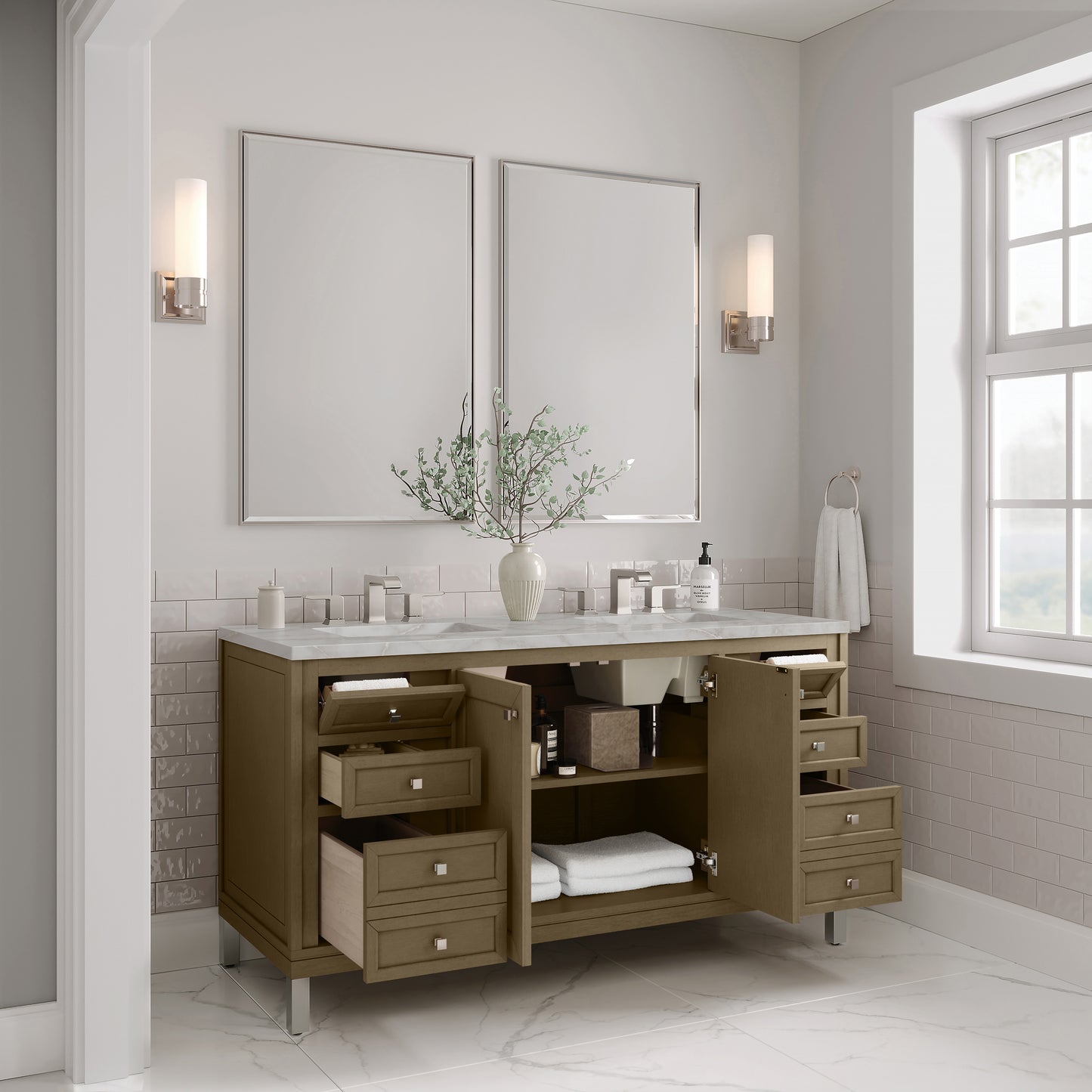 Renovate for Less Atlanta Chicago 60" Double Vanity, Walnut Whisper, w/ 3 CM Victorian Silver Silestone® Top