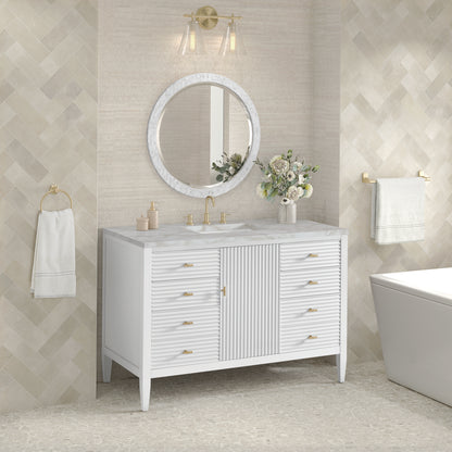 Renovate for Less Atlanta Myrrin 48" Single Vanity, Bright White w/ 3 CM Victorian Silver Silestone Top