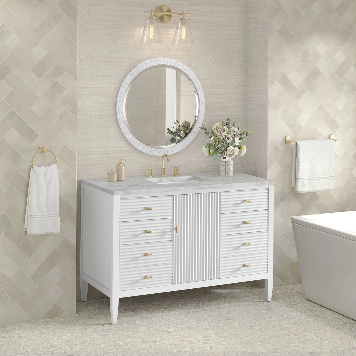 Myrrin 48" Single Vanity, Bright White w/ 3 CM Victorian Silver Silestone Top