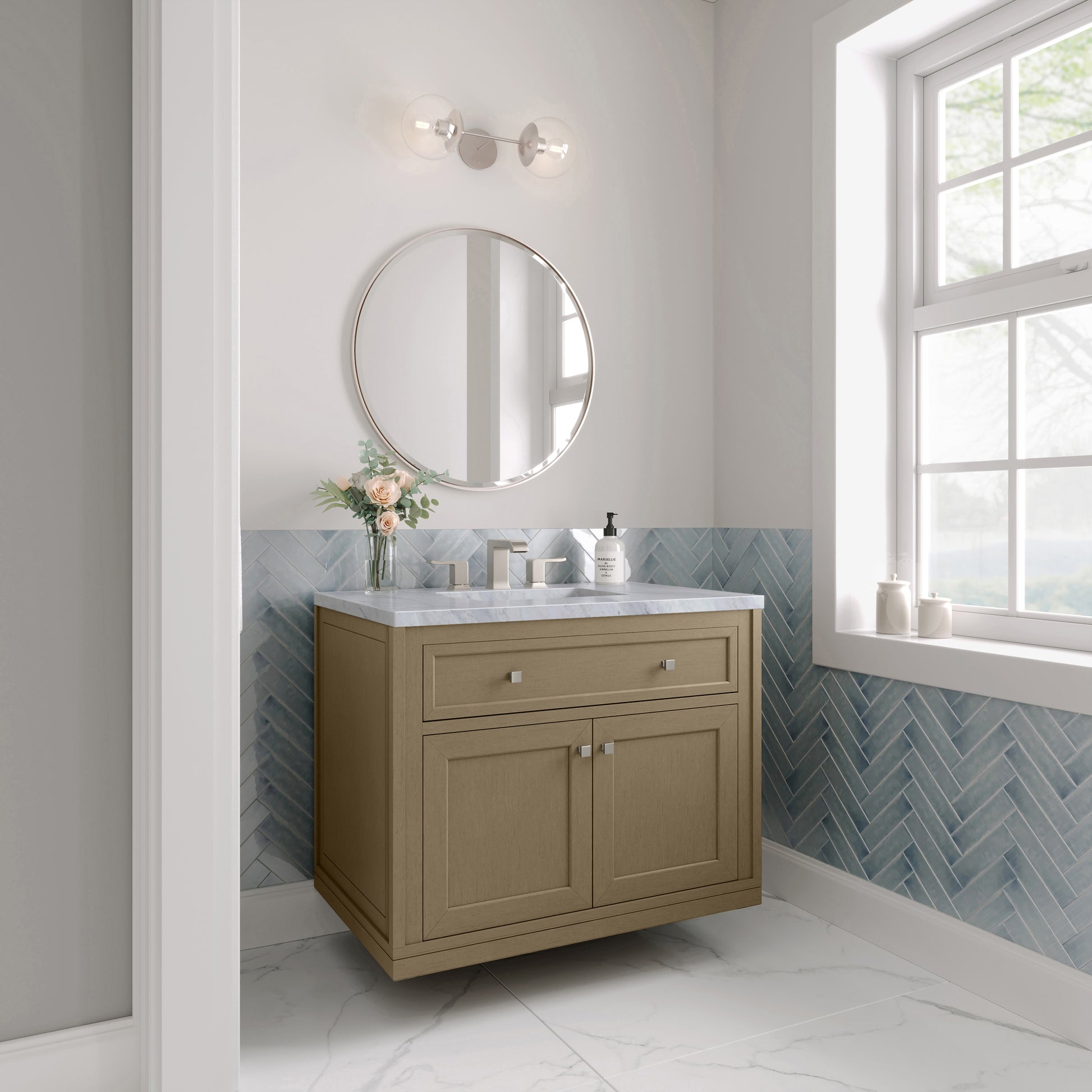 Renovate for Less Atlanta Chicago 36" Single Vanity, Walnut Whisper, w/ 3 CM Carrara Marble Top