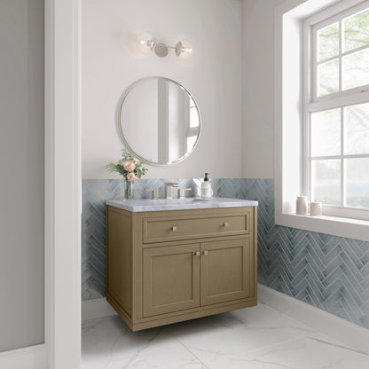 Renovate for Less Atlanta Chicago 36" Single Vanity, Walnut Whisper, w/ 3 CM Carrara Marble Top