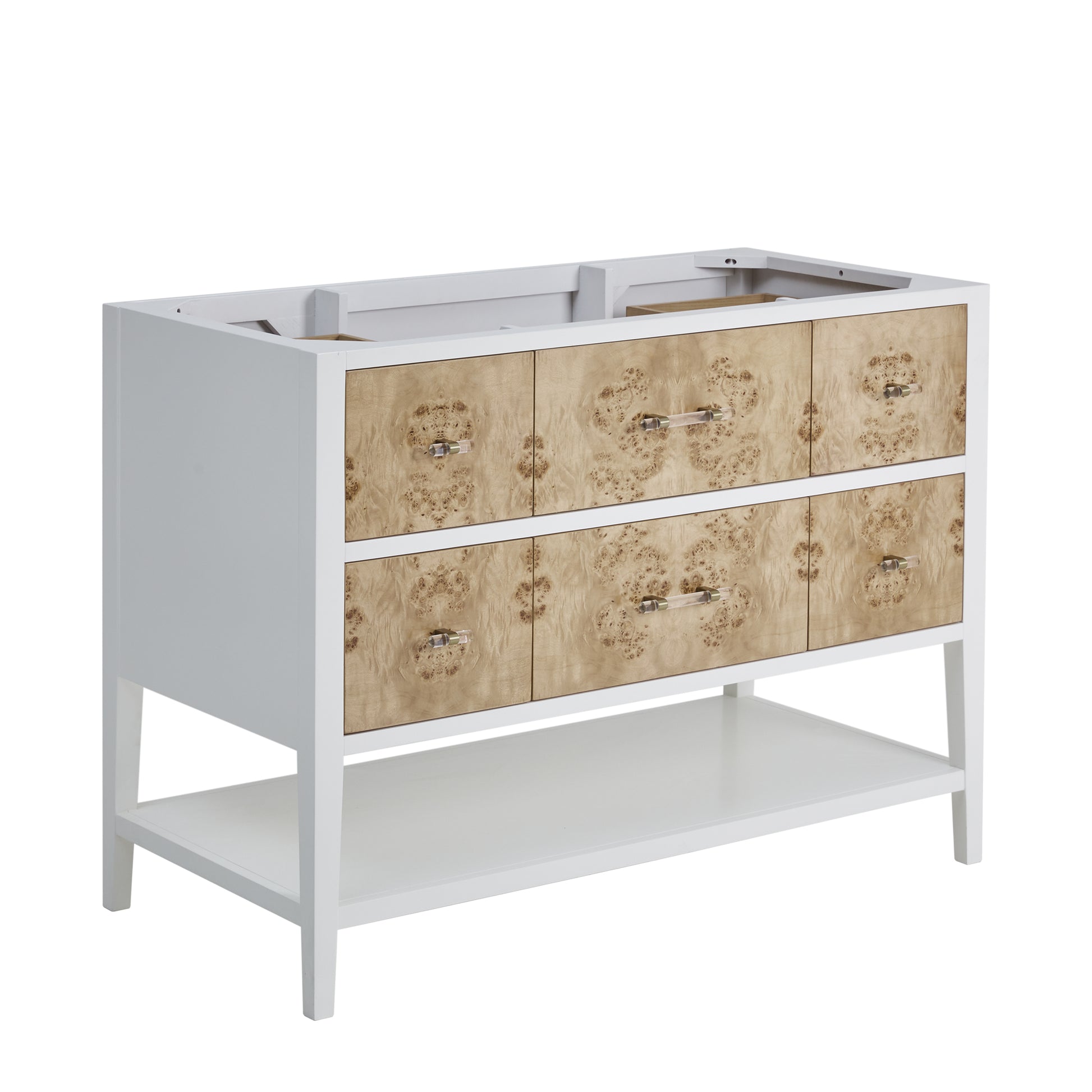 Renovate for Less Atlanta Olena 48" Single Vanity, Light Mappa Burl and Polished White, w/ 3 CM Tajnar Eclos Top w/FreePower Wireless Charger