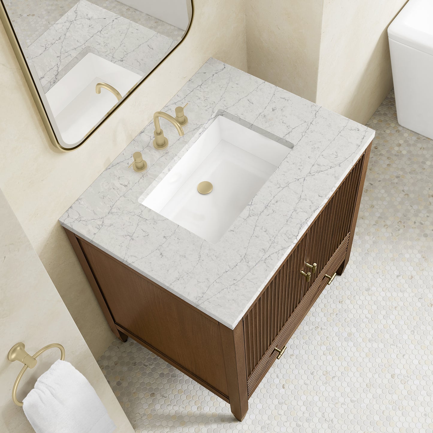 Renovate for Less Atlanta Myrrin 30" Single Vanity, Mid-Century Walnut w/ 3 CM Eternal Jasmine Pearl Silestone Top