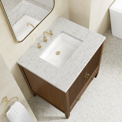 Renovate for Less Atlanta Myrrin 30" Single Vanity, Mid-Century Walnut w/ 3 CM Eternal Jasmine Pearl Silestone Top
