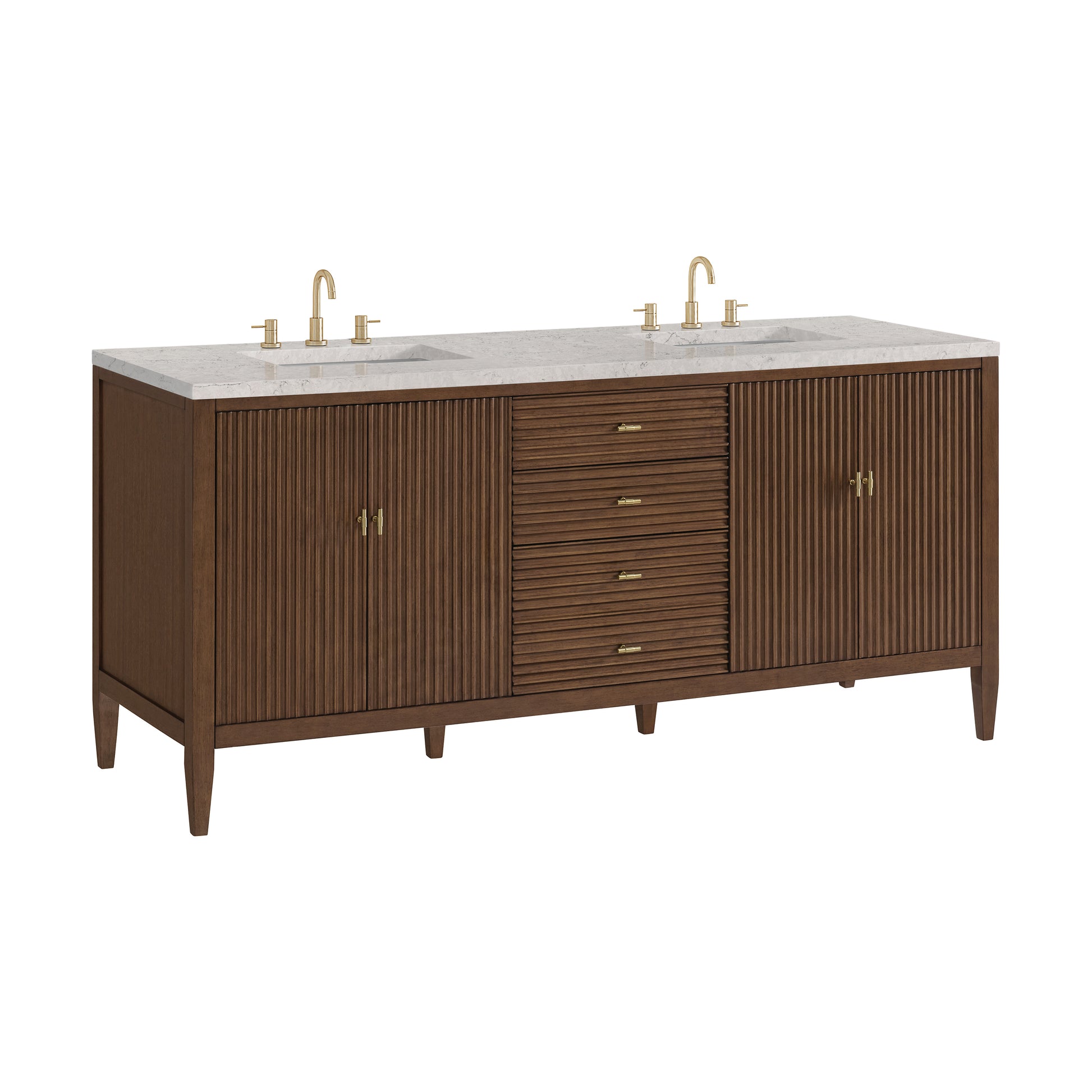 Renovate for Less Atlanta Myrrin 72" Double Vanity, Mid Century Walnut w/ 3 CM Eternal Jasmine Pearl Silestone Top w/FreePower Wireless Charger