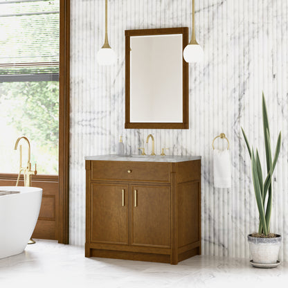 Renovate for Less Atlanta Bellshire 36" Single Vanity, Honey Oak w/ 3 CM Victorian Silver Silestone Top