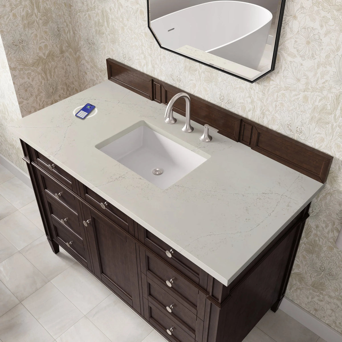 Brittany 48" Single Vanity, Burnished Mahogany, w/ 3 CM Siberian Silestone Top w/FreePower Wireless Charger