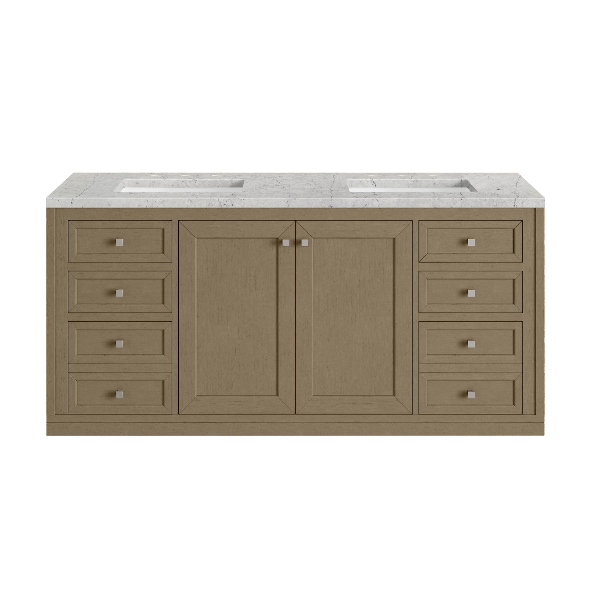 Renovate for Less Atlanta Chicago 60" Double Vanity, Walnut Whisper, w/ 3 CM Eternal Jasmine Pearl Silestone® Top