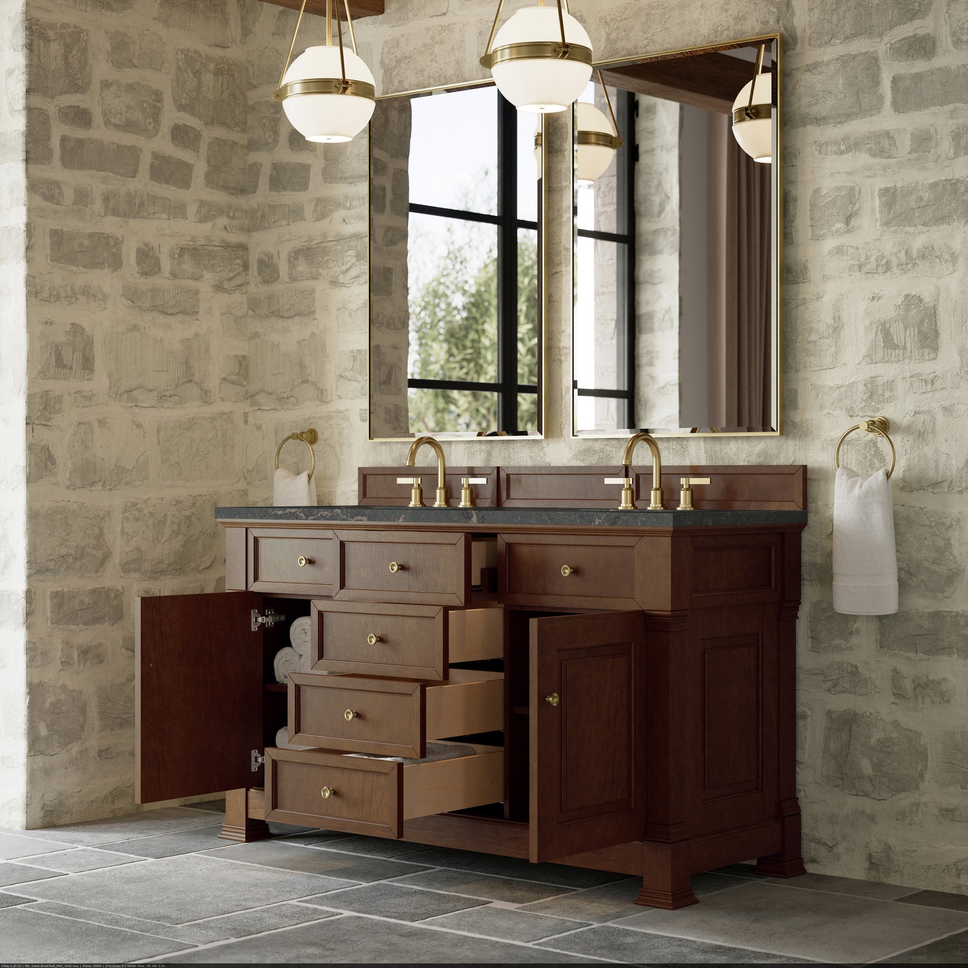 Renovate for Less Atlanta Brookfield 60" Double Vanity, Honey Oak w/ 3 CM Parisien Bleu Silestone Top
