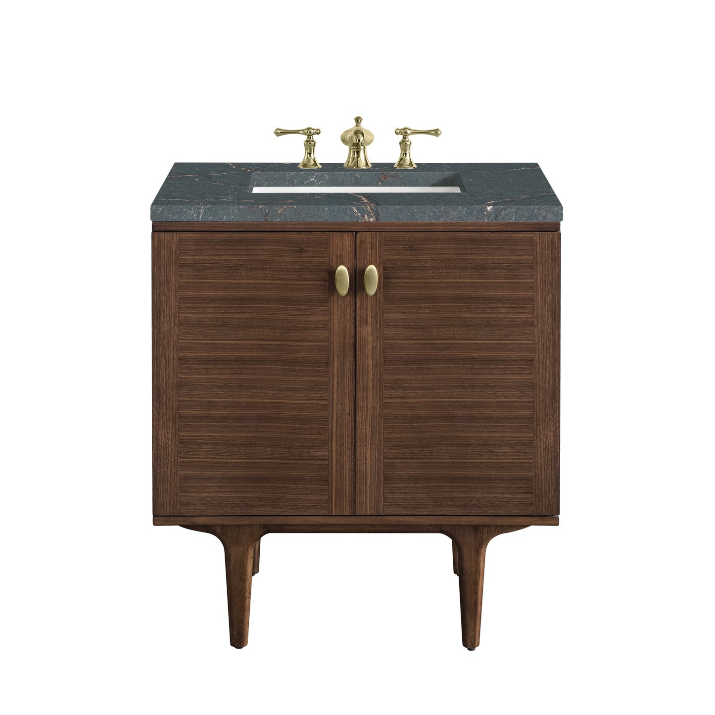 Renovate for Less Atlanta Amberly 30" Single Vanity, Mid-Century Walnut w/ 3 CM Parisien Bleu Top