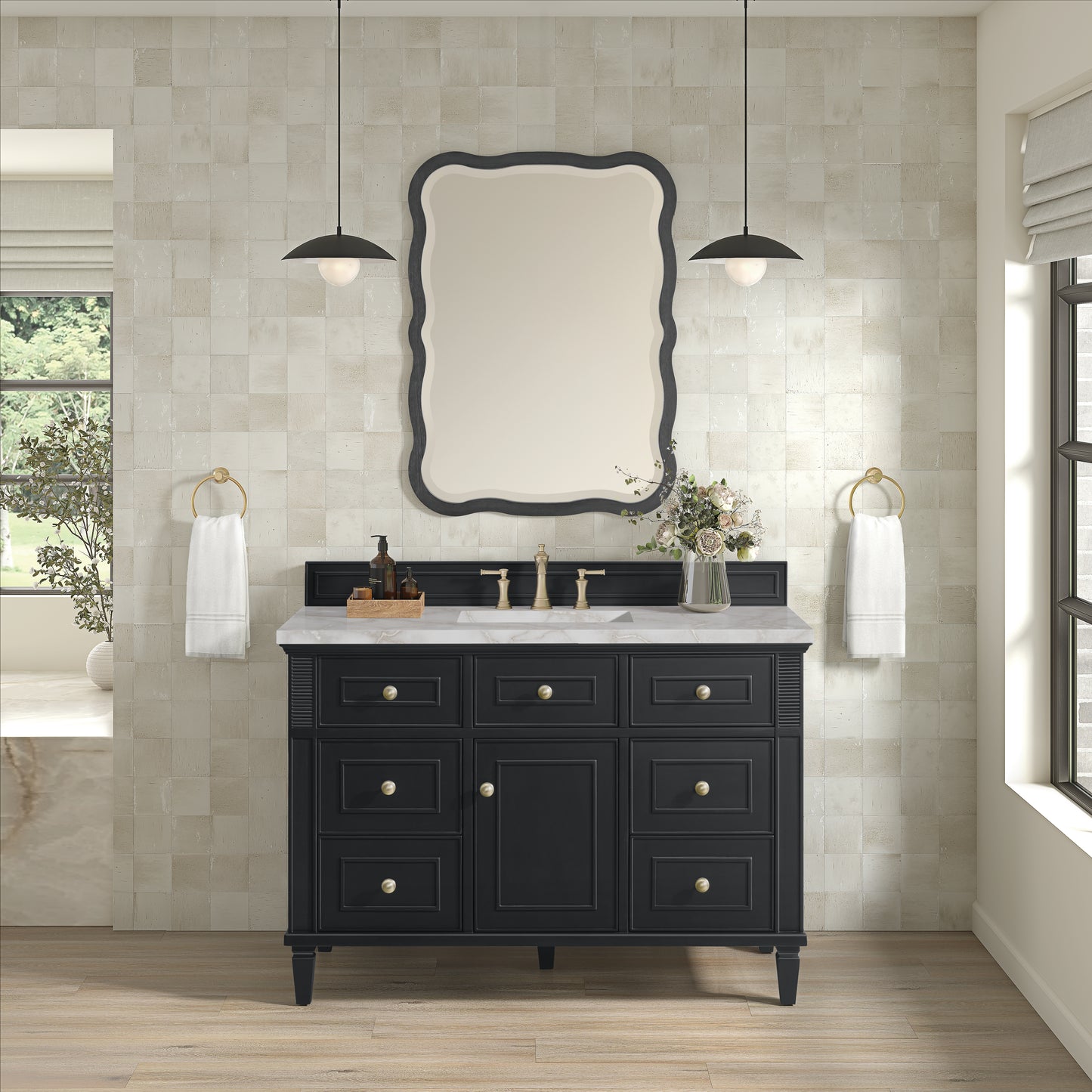 Renovate for Less Atlanta Lorelai 48" Single Vanity, Black Onyx w/ 3 CM Victorian Silver Silestone Top w/FreePower Wireless Charger