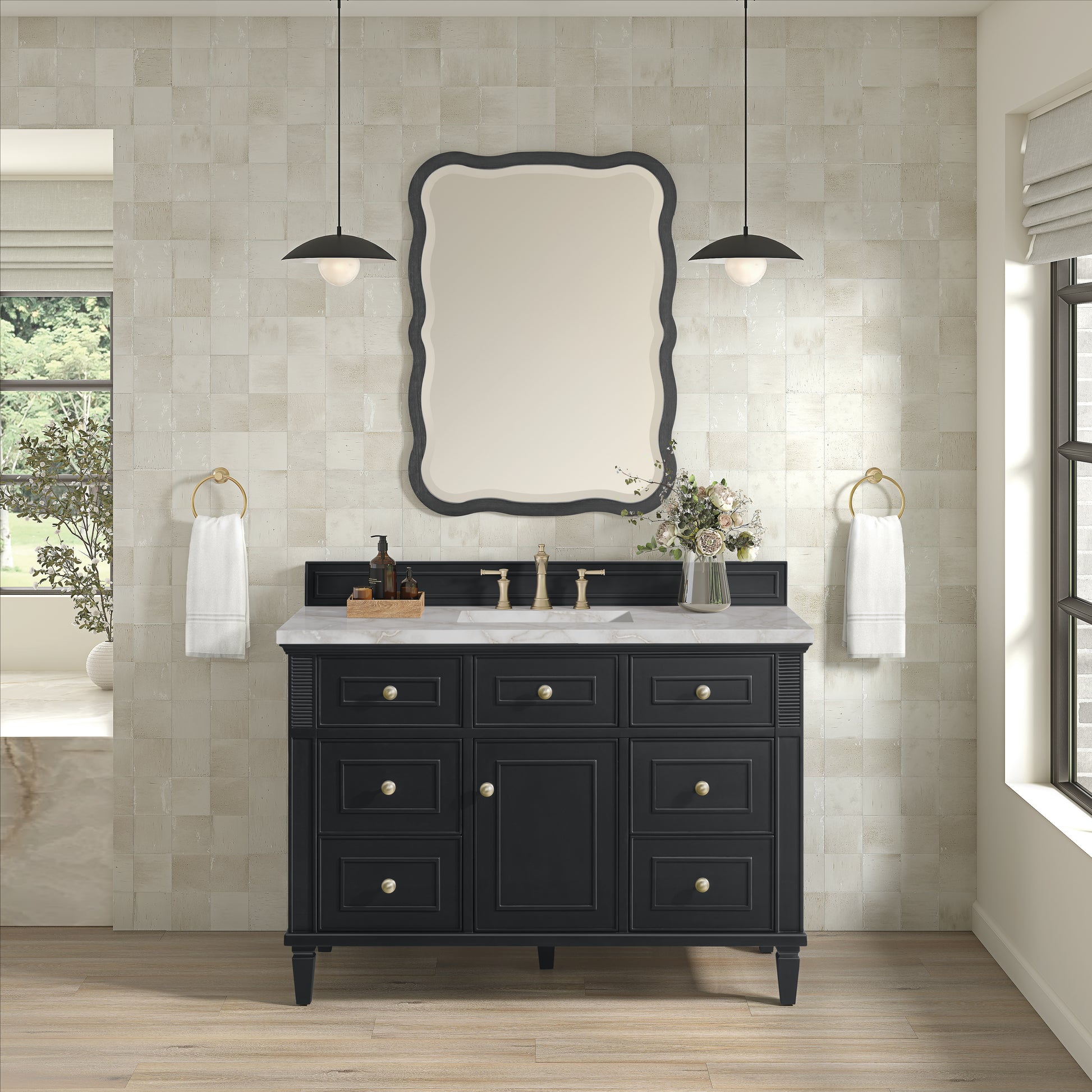 Renovate for Less Atlanta Lorelai 48" Single Vanity, Black Onyx w/ 3 CM Victorian Silver Silestone Top w/FreePower Wireless Charger
