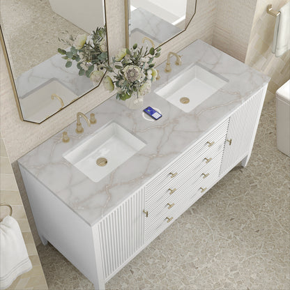 Renovate for Less Atlanta Myrrin 60" Double Vanity, Bright White w/ 3 CM Victorian Silver Silestone Top w/FreePower Wireless Charger