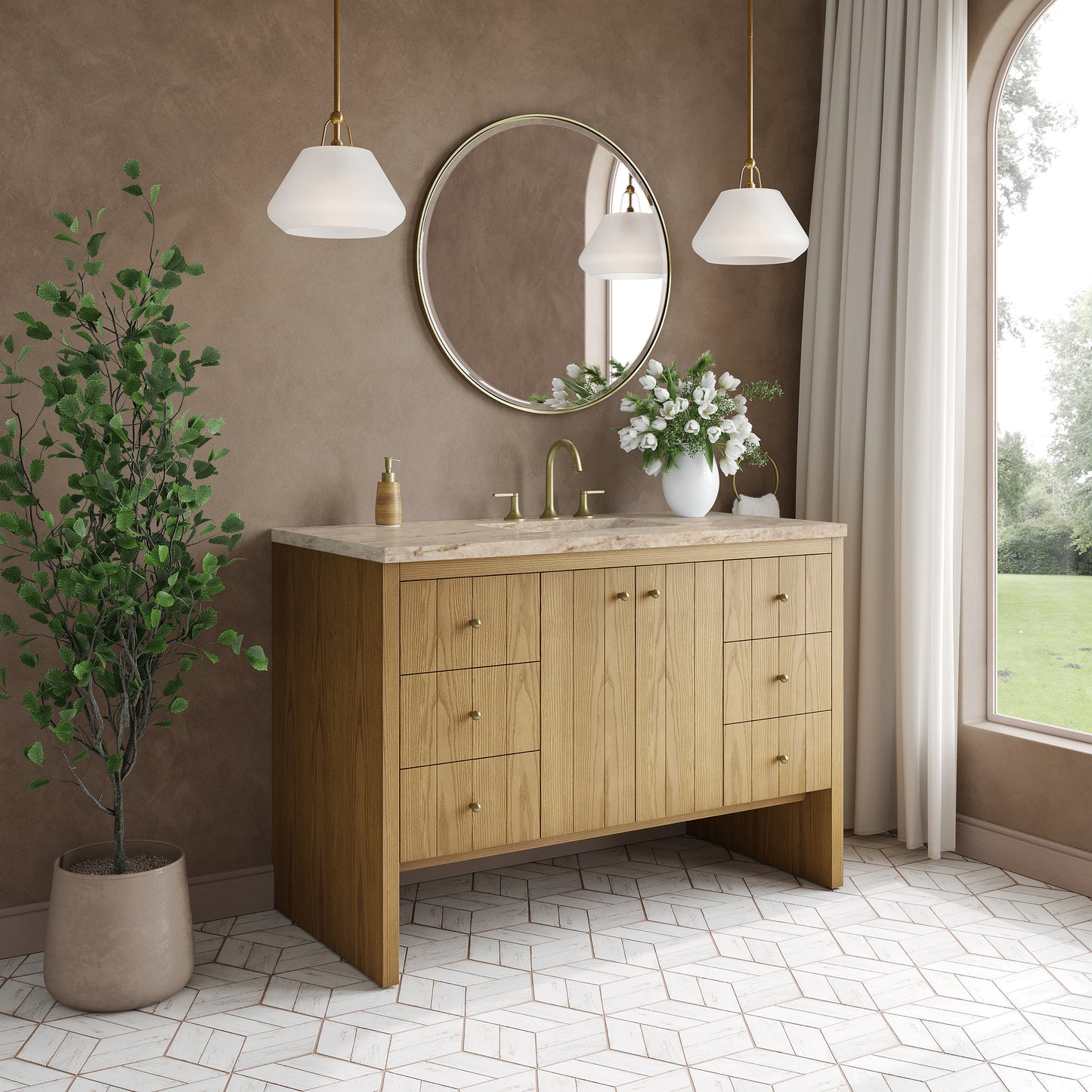 Renovate for Less Atlanta Hudson 48" Single Vanity, Light Natural Oak, w/ 3 CM Tajnar Eclos Top w/FreePower Wireless Charger