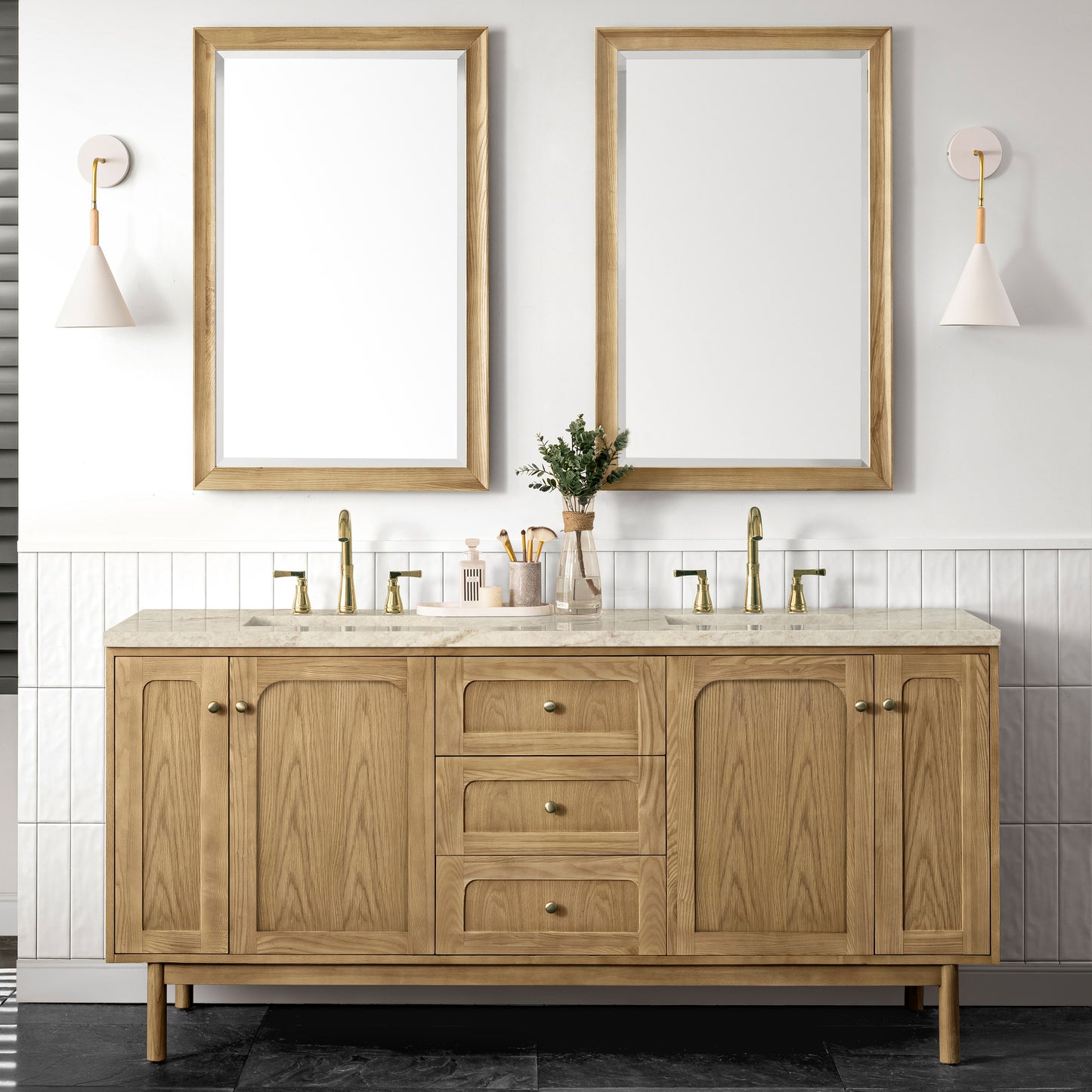 Renovate for Less Atlanta Laurent 72" Double Vanity, Light Natural Oak, w/ 3 CM Tajnar Eclos Top w/FreePower Wireless Charger
