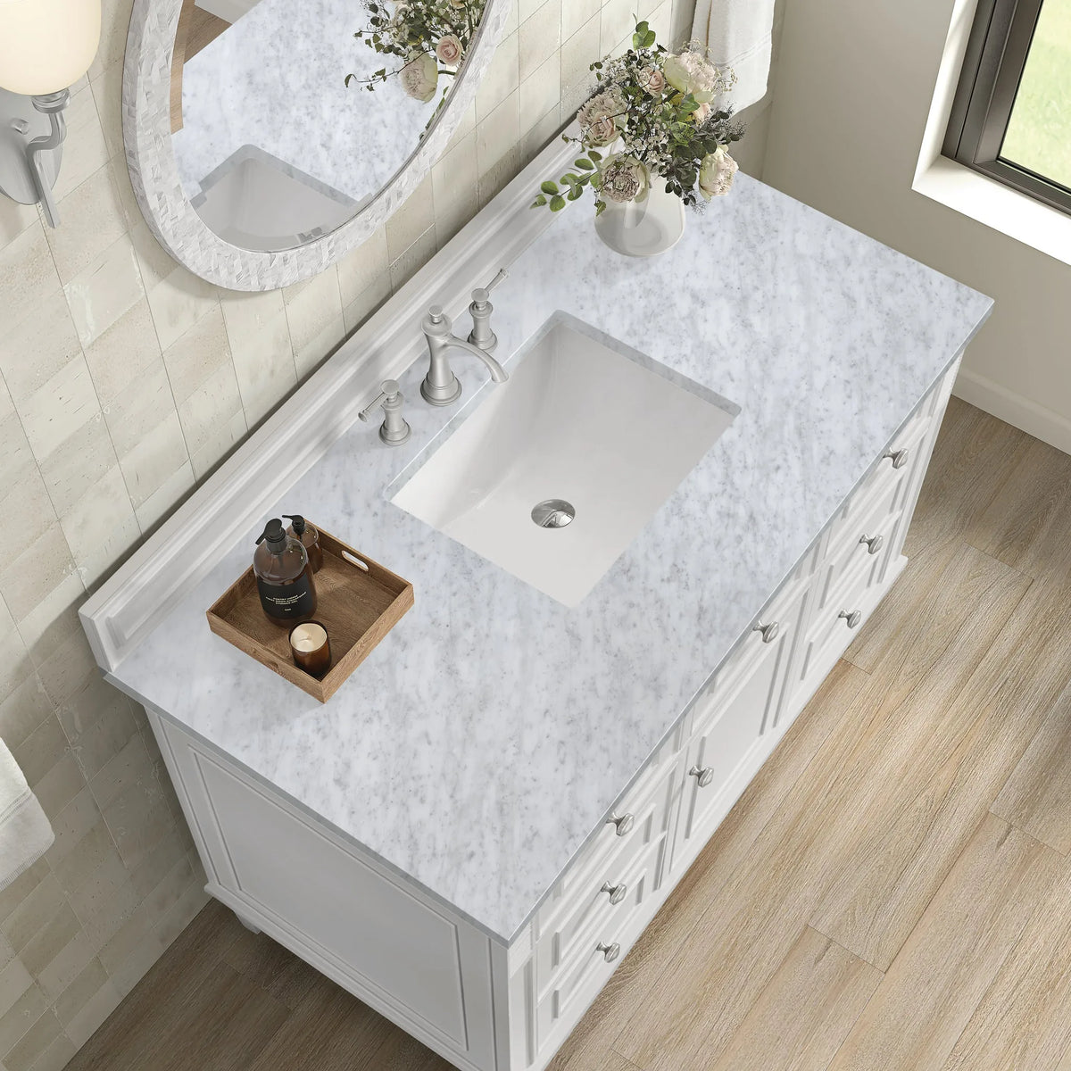 Lorelai 48" Single Vanity, Bright White w/ 3 CM Carrara White Marble Top